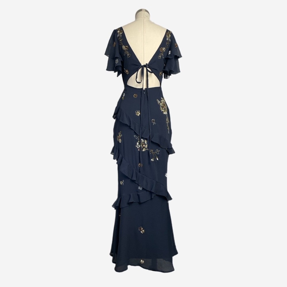 ASOS DESIGN ruffle detail short sleeve embellished midi dress in navy floral 6P - Picture 8 of 14